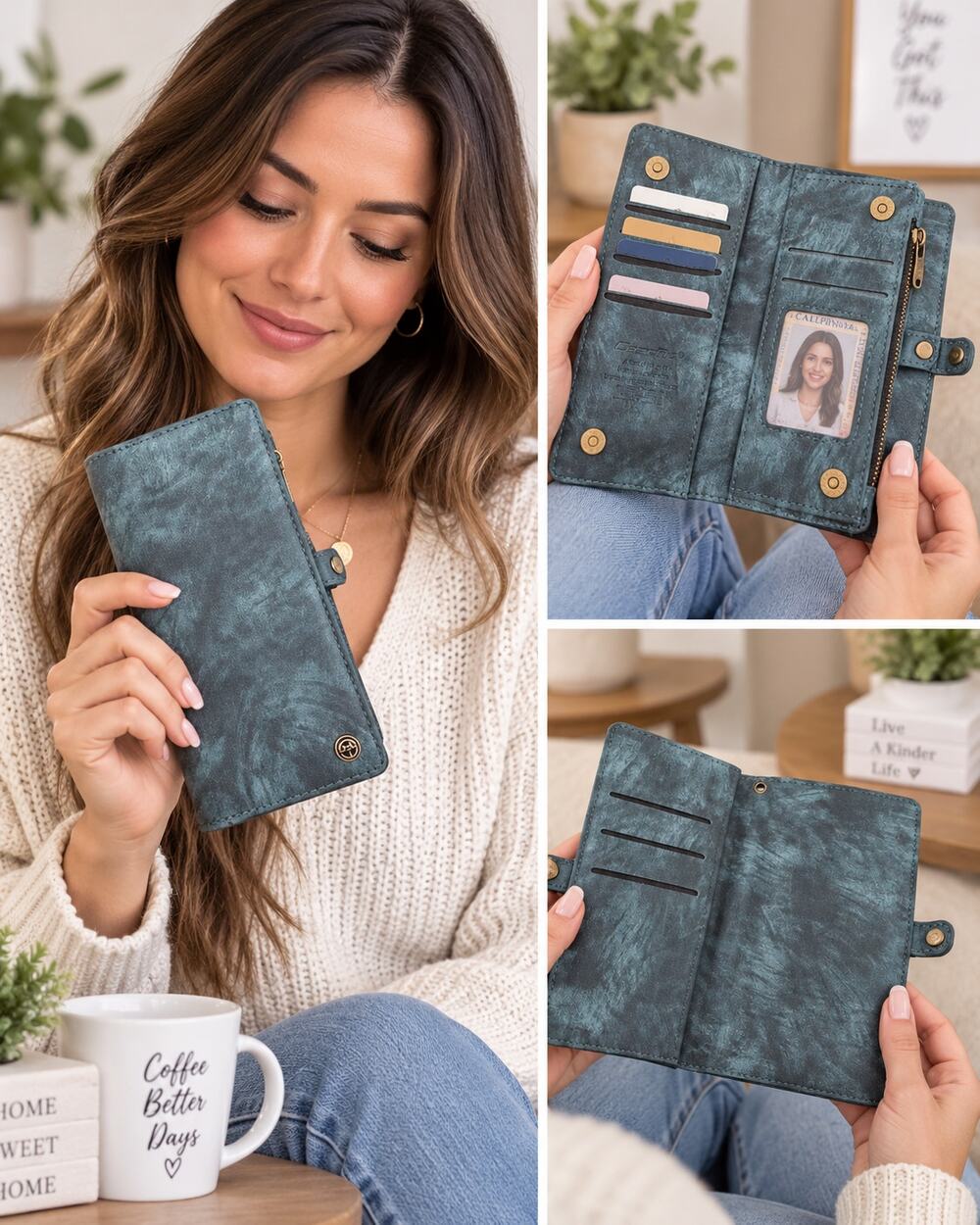 Distressed Teal Blue Long Wallet RFID Organizer Zip Coin Pocket Snap